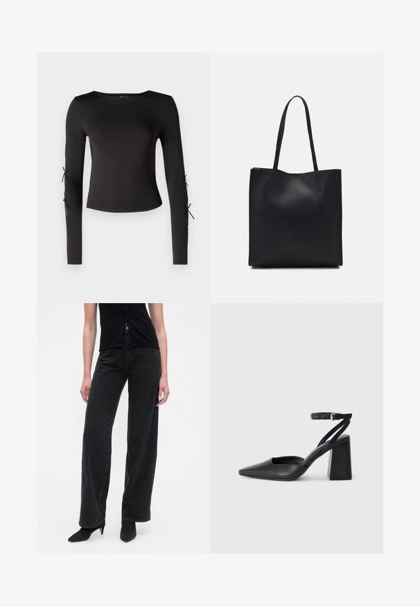 Must have pikkade varrukatega must topp ümmarguse kaelusega. Varukatel on reguleeritavad sidemed, valmistatud sujuvast ja venivast kangast.; Mustad laia säärega teksad, valmistatud teksariidest, kõrge vöökohaga, nööpkinnitusega ja lõdva lõikega, mida on kombineeritud teravate mustade kontsadega.; Mustmustest must-käigukingad, millel on konksuga nöör ja paks konts. Ühtlane tekstuur, stiilne disain ja minimalistlik esteetika.; Mustast nahast kott sujuva tekstuuriga, ristkülikukujuline ja kahe pika sangaga. Pole nähtavat riistvara ega kaunistusi.