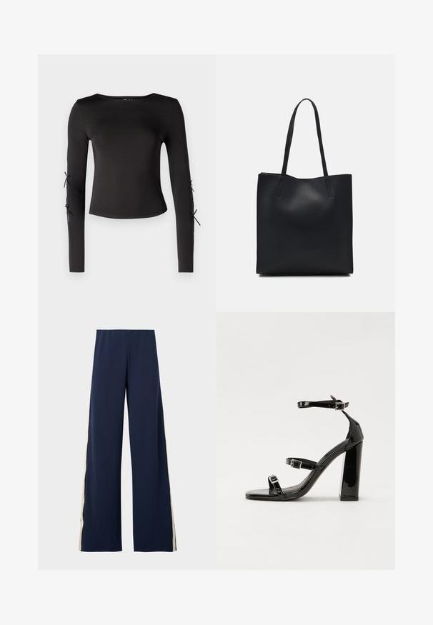 Top noir à manches longues avec un col rond. Présente des liens ajustables aux manches, fabriqué dans un tissu lisse et extensible.; Pantalon large bleu marine en tissu doux, avec une bande beige sur le côté. La taille est élastique pour plus de confort et de facilité à porter.; Sandales à talons vernies noires avec un bout carré, des sangles autour de la cheville et des boucles en argent. Dotées d'un talon bloc épais pour plus de stabilité.; Sac fourre-tout en cuir noir avec une texture lisse, de forme rectangulaire et deux longues poignées. Pas de matériel ou d'ornementations visibles.