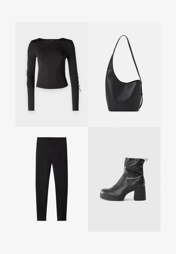 Černý dlouhý rukáv top s kulatým výstřihem. Má nastavitelné šňůrky na rukávech, vyrobený z hladké, elastické látky.; Černé legíny s širokým elastickým pasem. Vyrobené z hladkého, pružného materiálu, střižené pro přiléhavý siluetu a bez viditelných vzorů.; Černé kotníkové boty vyrobené z hladké kůže, s bočním zipem, robustním strukturovaným podpatkem a kulatou špičkou.; Černá kožená hobo taška s hladkým povrchem, zakřiveným tvarem a jedním nastavitelným popruhem; má široké otevírání nahoře.