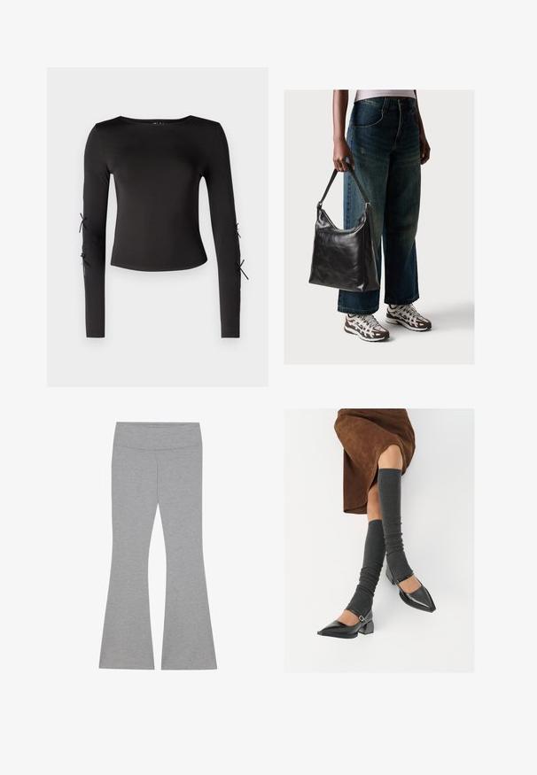 Melna, garām piedurknēm, blūze ar apaļu kakla izgriezumu. Piedurknēm ir regulējami sasiešanas mezgli, izgatavota no gludas, elastīgas auduma.; Pelēki izplestie legingi, izgatavoti no mīkstas, elastīgas auduma. Iezīme gluda jostasvieta un pieguļošs augšstilbs, kas paplašinās pie apakšmala.; Melnas laka ādas apavi ar norādītu purngalu, blokveida papēdi un potīšu jostu, saskaņoti ar pelēkām ribotām kāju sildītājām un brūnu zamšādas svārku.; Melna ādas pleca soma ar gludu tekstūru un regulējamu siksnu, saskaņota ar izbalējušām platām biksēm un sportiskām kedām.