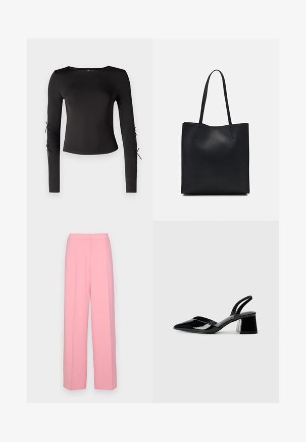 Top negru cu mânecă lungă și guler rotund. Dispune de legături ajustabile la mâneci, realizat dintr-un material neted și elastic.; Pantaloni roz cu linii largi, fabricați dintr-un material neted, având talie înaltă, față pliată și fără buzunare vizibile sau embellismente.; Pantofi cu toc slingback din piele lacuită neagră, cu vârf ascuțit și toc geometric. Prezintă un design elegant, minimalist și o textură netedă.; Geantă tote neagră din piele, cu textură netedă, formă rectangulară și două mânere lungi. Fără hardware vizibil sau ornamente.