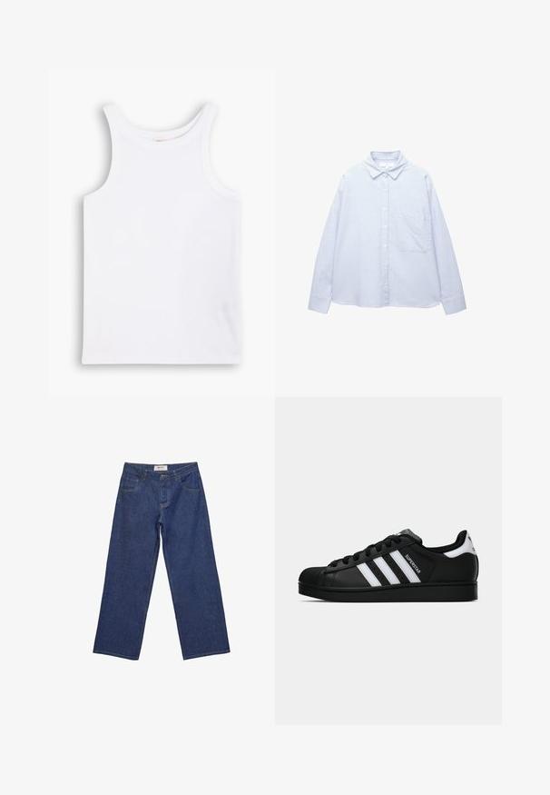 Weißes Baumwoll-Tanktop mit breiten Schulterträgern, einem runden Halsausschnitt und einer glatten, gerippten Textur. Keine Muster oder Akzente vorhanden.; Hellblau-weißer, vertikal gestreifter, langärmeliger Button-up-Hemd mit Kragen und Brusttasche.; Blaue Denim-Jeans mit geraden Beinen, Frontknopf und Reißverschluss, zwei vorderen Taschen und Gürtelschlaufen.; Schwarzer Adidas Superstar Sneaker mit weißen Streifen, Schalenzehen und "Superstar"-Schriftzug an der Seite, im Seitenprofil auf weißem Hintergrund dargestellt.