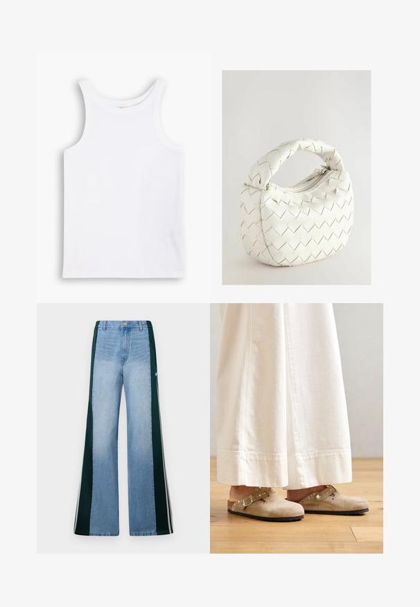 White cotton tank top with wide shoulder straps, a round neckline, and a smooth, ribbed texture. No patterns or accents present.; Light blue wide-leg jeans with dark green side panels and white stripes, featuring front button and zipper closure.; Beige suede clogs with a buckled strap and studded accents, worn with white wide-leg pants, set on a wooden floor.; White woven handbag with a rounded handle, featuring a zipper closure and a padded texture. Smooth finish and geometric pattern on the surface.