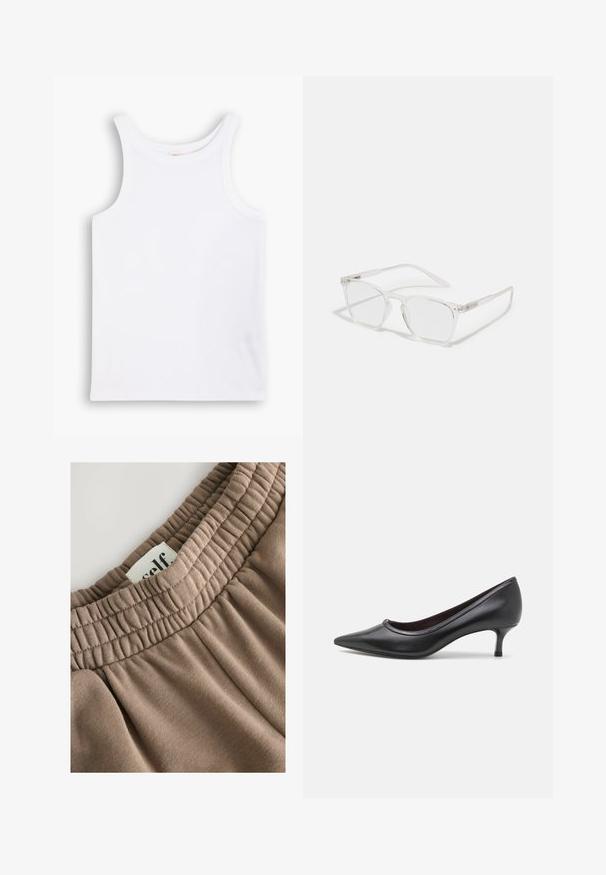 Balts kokvilnas topiņš ar platām plecu siksnām, apaļu kakla izgriezumu un gludu, ribotu tekstūru. Nav nekādu rakstu vai akcentu.; Brūna elastīga jostasvieta ar savelkamu tekstūru, pievienota birka ar tekstu "self", un mīksta auduma virsma ir gluda un neitrālā tonī.; Tory Burch DOUBLE BUCKLE KITTEN HEEL - Klasiski papēži - perfect black; CHPO ZEBBE UNISEX - Brilles ar zilās gaismas filtru - transperent; DRAGON DIFFUSION ROSANNA - Rokassoma - dark brown