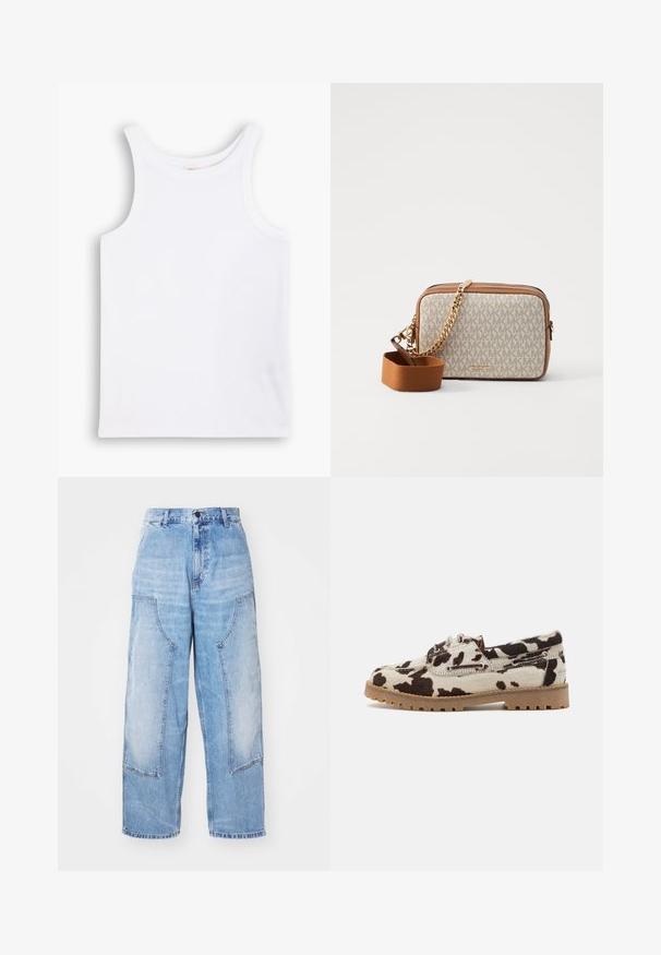 Weißes Baumwoll-Tanktop mit breiten Schulterträgern, einem runden Halsausschnitt und einer glatten, gerippten Textur. Keine Muster oder Akzente vorhanden.; Helle blaue, weite Denim-Hosen mit zwei großen vorderen Taschen, einem Knopfverschluss und sanften Verblassungen. Genähte Akzente an den Taschen sorgen für Details.; Lederimitat-Schuhe mit einem cremefarbenen Grund und dunkelbraunen Flecken, gefertigt mit einer Gummisohle und Schnürdetails.; Umhängetasche aus cremefarbenem Stoff mit einem wiederholten MK-Logo-Muster, braunen Lederakzenten und einem goldenen Kettenriemen sowie einem abnehmbaren braunen Riemen.