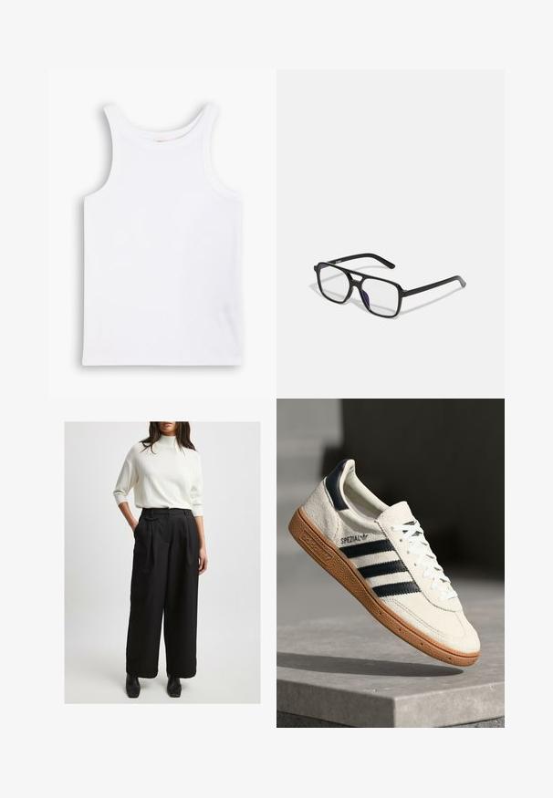 Vit bomullstopp med breda axelband, en rund halsringning och en slät, ribbad textur. Inga mönster eller detaljer finns.; NA-KD FIGURBETONTE MIT MITTELHOHER TAILLE - Tygbyxor - black; Vita mockasnörning med marinblå ränder, gummisula, strukturerad ovandel, rund tå och snörning; har varumärke på sidan och tungan.; Svarta rektangulära glasögon med klara linser och en subtil lila ton, med slanka bågar och en minimalistisk design.; Svart läderhandväska med en strukturerad design, ett handtag upptill och ett spänne i guldton. Har en texturerad yta med präglad logotyp.