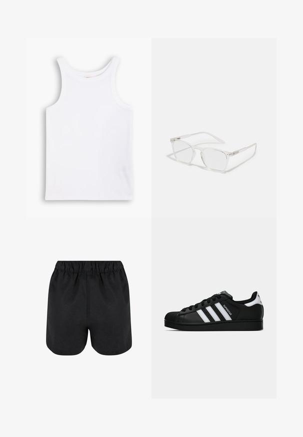 Balts kokvilnas topiņš ar platām plecu siksnām, apaļu kakla izgriezumu un gludu, ribotu tekstūru. Nav nekādu rakstu vai akcentu.; Melni šorti ar elastīgu jostu. Mīksts audums, vienkāršs dizains un nedaudz noapaļota apakša. Nav redzamu rakstu vai logo.; Melnas Adidas Superstar kedas ar baltām svītrām, čaulas purngalu un uzrakstu "Superstar" sānos, parādītas sānskatā uz baltā fona.; CHPO ZEBBE UNISEX - Brilles ar zilās gaismas filtru - transperent
