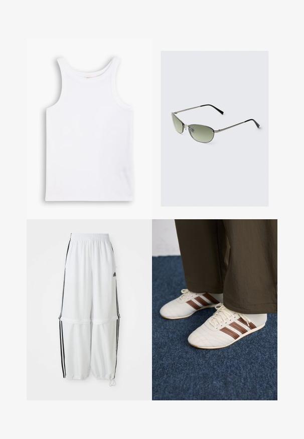 Camisola de algodão branca, sem mangas, com alças largas, gola redonda e uma textura lisa e canelada. Sem padrões ou detalhes presentes.; Calças desportivas brancas com um corte descontraído, cintura elástica e riscas pretas nas laterais. Apresenta bolsos com fecho éclair e punhos elásticos nos tornozelos.; Ténis brancos com riscas castanhas usados com calças castanhas num chão de carpete azul.; Óculos de sol de metal com lentes verdes alongadas, armação prateada slim e ponteiras em preto. Apresenta pequenas almofadas para o nariz para maior conforto.; Bolsa de ombro em tecido branco com textura franzida, alça ajustável e acabamentos em prateado. Exposta ao lado de um vestido creme.