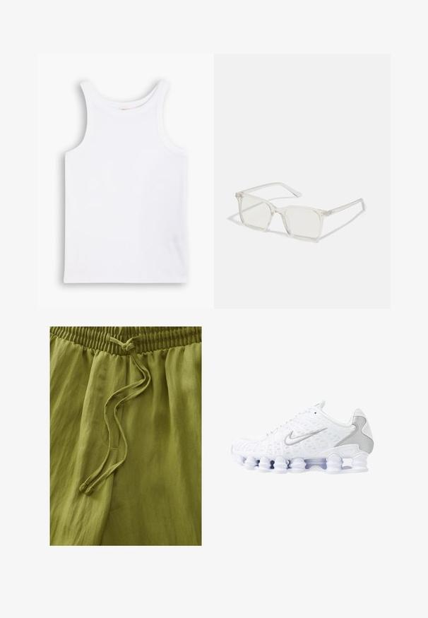 Fehér pamut ujjatlan felső széles vállpántokkal, kerek nyakkal és sima, bordázott textúrával. Nincsenek minták vagy díszítések.; Olive zöld színű nadrág, amely könnyű anyagból készült. Rugalmas derékrésszel és zsinórral rendelkezik. Simaság jellemzi, amely puha redőzött hatást kölcsönöz.; Fehér sportcipők hálós felsőrésszel, ezüst kiegészítőkkel és egyedi tekercs talpdesignt. Párnázott nyakkal és fűzővel rendelkezik a kényelmes illeszkedés érdekében.; Átlátszó műanyag négyzet alakú szemüveg, áttetsző lencsékkel, arany díszítéssel a szárakon a fokozott részletekért.; Kék steppelt farmer választható táska, arany lánc vállpánttal és egy kiemelkedő arany logóval az elején. Kompakt, téglalap alakú.