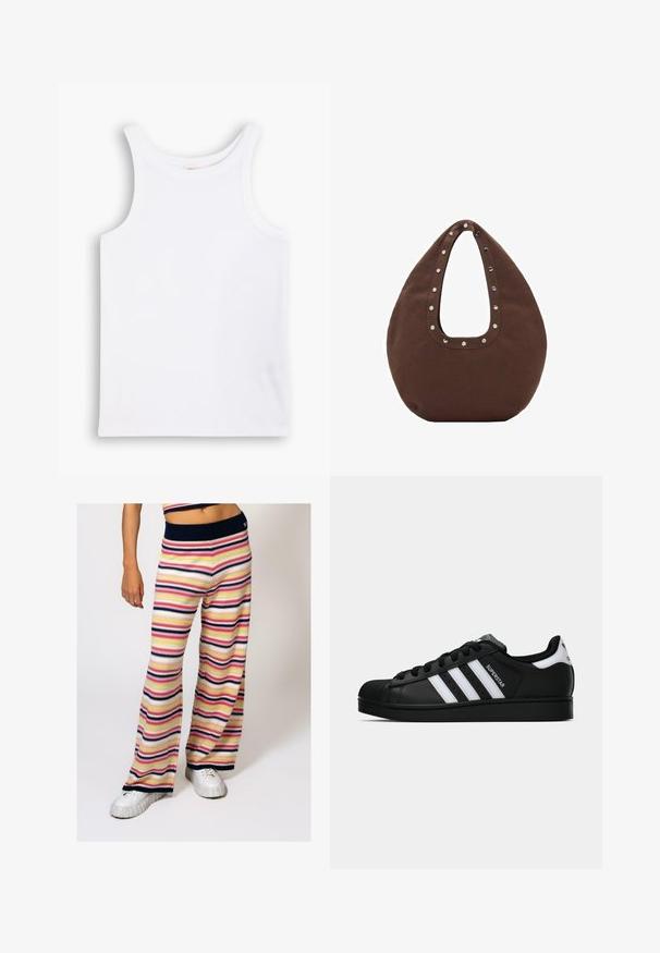 Weißes Baumwoll-Tanktop mit breiten Schulterträgern, einem runden Halsausschnitt und einer glatten, gerippten Textur. Keine Muster oder Akzente vorhanden.; Gestreifte Strick-Hose mit weitem Bein in horizontalen Streifen in Pink, Gelb, Marineblau und Weiß, mit einem Marineblauen Rippbund und weichem Material.; Schwarzer Adidas Superstar Sneaker mit weißen Streifen, Schalenzehen und "Superstar"-Schriftzug an der Seite, im Seitenprofil auf weißem Hintergrund dargestellt.; Braune Tragetasche mit geschwungenem Design, versehen mit einem großen Ausschnittgriff, der entlang der Kante mit silbernen Nieten verziert ist. Aus weichem Stoff gefertigt.