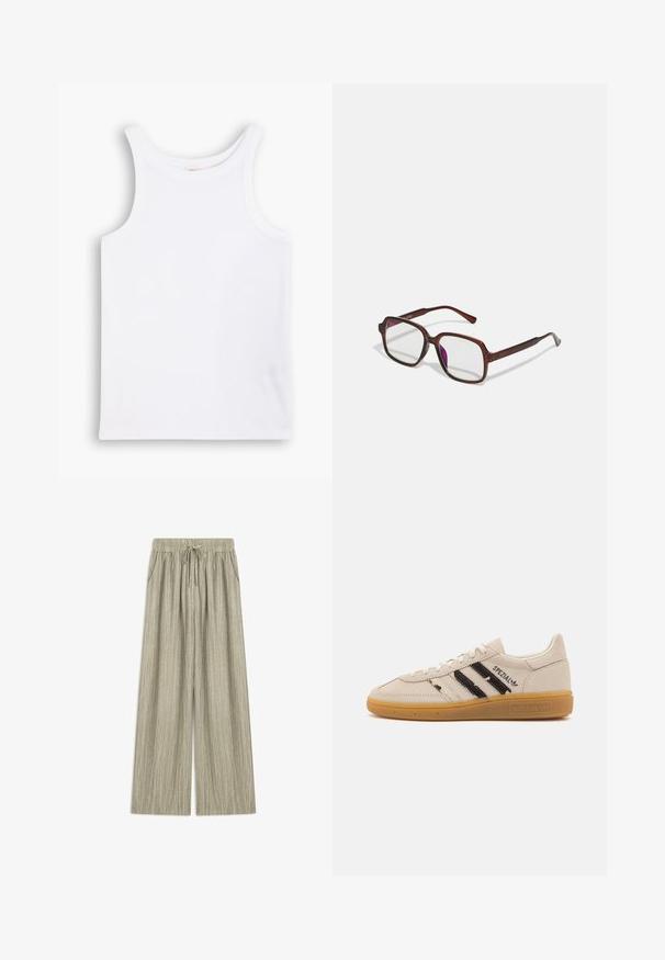 Biała bawełniana koszulka na ramiączkach z szerokimi paskami, okrągłym dekoltem i gładką, prążkowaną strukturą. Brak wzorów i akcentów.; Jasnoszare spodnie wide-leg z elastycznym pasem, sznurkiem i bocznymi kieszeniami. Teksturowany materiał z delikatnymi pionowymi paskami.; Beżowe zamszowe sneakersy z czarnymi paskami i napisem "Spezial", posiadają teksturowaną gumową podeszwę oraz klasyczny system sznurowania.; Brązowe, prostokątne okulary z przezroczystymi soczewkami i fioletowymi odcieniami. Gładka plastikowa oprawka z prostymi zausznikami i subtelnymi detalami.