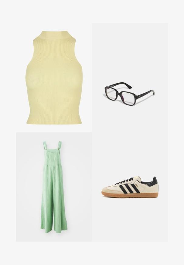 Top smanicato a costine di un morbido giallo, con collo alto e silhouette aderente. Realizzato in un morbido tessuto jersey elasticizzato per garantire comfort.; Salopette ampia verde realizzata in tessuto testurizzato, con spalline regolabili e tasche frontali con bottoni color ottone.; Scarpa sportiva beige con strisce nere, suola in gomma naturale e dettagli neri. Presenta una tomaia in pelle liscia e un design a punta arrotondata.; Occhiali neri rettangolari con lenti trasparenti, caratterizzati da bordi arrotondati e dettagli laterali, con una finitura lucida sulla montatura e sulle astine.; Borsa hobo in pelle nera con design morbido, ampia tracolla e texture liscia. Presenta una chiusura con zip laterale.
