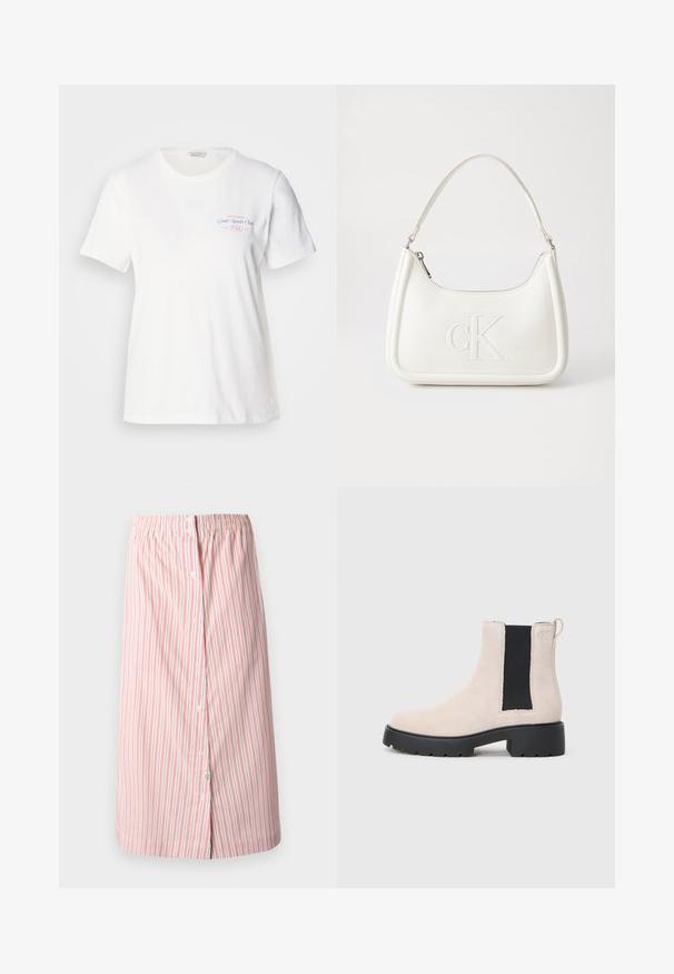 Hvid bomulds T-shirt med korte ærmer, rund halsudskæring og pink/blå grafisk print med teksten "Gant Sports Club 1949" på brystet.; Stribet nederdel i hvid med røde lodrette striber, med elastisk talje, frontknapper og en lige snit, knælængde design.; Beige ruskind Chelsea-støvle med sort elastisk sidepanel, chunky sort sål og hæftetap ved anklen.; Hvid lædertaske med en buet form, der har et præget "CK"-logo på fronten og en enkelt skulderrem. Lynlåslukning i toppen.
