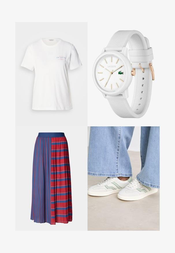 Fehér pamut póló rövid ujjakkal, kerek nyakkivágással, és rózsaszín/kék grafikával, amelyen a "Gant Sports Club 1949" felirat olvasható a mellrészen.; Plisszírozott szoknya egyszínű kék derékrésszel. Az egyik oldalon függőleges piros és kék csíkok találhatók; a másik oldalon vízszintes piros csíkok láthatók.; Fehér sneakers világoszöld részletekkel, textúrált bőr felsőrésszel és lapos gumitalppal. Széles lábú farmernadrággal párosítva.; Fehér szilikon óra texturált szíjjal, kerek számlappal, arany jelzőkkel és zöld Lacoste logóval.