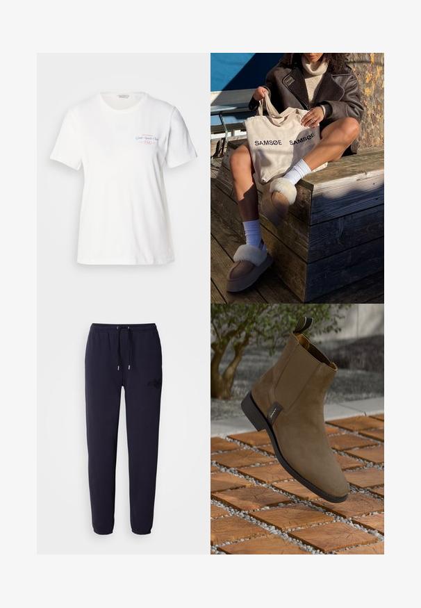Witte katoenen T-shirt met korte mouwen, ronde halslijn en een roze/blauw grafisch ontwerp met de tekst "Gant Sports Club 1949" op de borst.; Navyblauwe trainingsbroek van zacht materiaal, met een elastische tailleband met een trekkoord en een geborduurd logo op één been.; Bruine suède Chelsea-boot met een zwarte rubberen zool, zij-elastische panelen en een trekband. Geplaatst bovenop een gemarmerd houten oppervlak.; Beige schoudertas met "SAMSOE" twee keer gedrukt, tan slippers met witte bontafwerking, witte sokken en een bruine schapenvachtjas op een houten oppervlak.