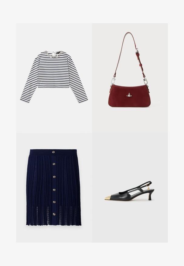 Prúžkovaná blúzka s dlhým rukávom v bielej a námorníckej modrej farbe, skrátený strih s okrúhlym výstrihom, ktorý má ozdobný strieborný reťazec na golieri.; Maje JITOURA - Minisukňa - marine; Čierna kožená slingback obuv s špicatou špičkou a zlatým kovovým krytom. Obsahuje vyrezávaný dizajn a štíhly podpätok s nastaviteľným popruhom.; Červená semišová kabelka na rameno s zakriveným tvarom. Obsahuje strieborné akcenty a nastaviteľný popruh s hardvérovými detailmi. Hladký povrch.
