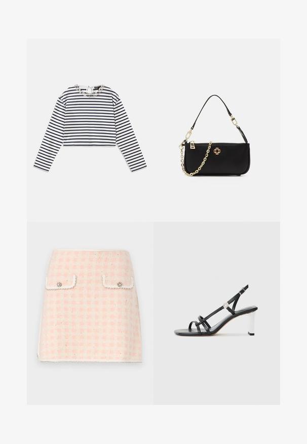 Gestreiftes Longsleeve-Oberteil in Weiß und Marineblau, cropped Design mit Rundhalsausschnitt und einem dekorativen silbernen Kettendetail am Kragen.; Minikleid aus Wolle im pink- und cremefarbenen Karomuster, mit zwei vorderen Taschen mit dekorativen Knöpfen und einem fransigen Saum.; Schwarze High-Heelsandalen mit mehreren schmalen Riemen, im Slingback-Design und einem silbernen Akzent an der Ferse. Glattes Obermaterial und blockförmige Ferse.; Schwarze Handtasche mit glatter Textur, ausgestattet mit einer goldenen Kettenriemen, Reißverschlussverschluss und einem dekorativen goldenen Emblem auf der Vorderseite.