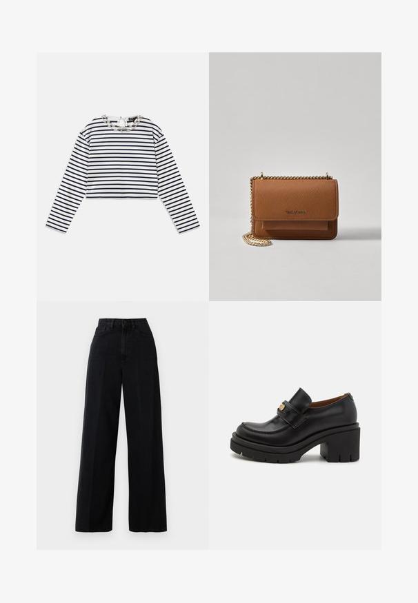 Camiseta de manga larga a rayas en blanco y azul marino, diseño cropped con un escote redondo que presenta un detalle decorativo de cadena plateada en el cuello.; Jeans de pierna ancha negros fabricados en denim, con una cintura alta, bolsillos frontales y cierre de botón. La tela tiene una textura suave.; Mocasines de cuero negro con una plataforma alta y gruesa y una suela texturizada. Tienen un diseño cosido y un acento en tono dorado en la correa.; Bolso crossbody de cuero texturizado marrón con correa de cadena dorada y cierre de solapa. La parte frontal presenta un detalle de logo y un bolsillo debajo de la solapa.