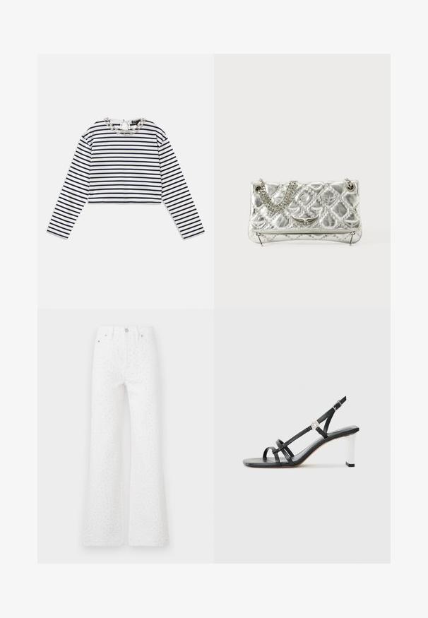 Top cu mânecă lungă, cu dungi, în alb și bleumarin, design scurtat cu guler rotund, având un detaliu decorativ cu lanț argintiu la guler.; Jeans albe evazate dintr-un material texturat cu puncte negre. Design cu cinci buzunare, cu închidere frontală cu buton și fermoar.; Sandale negre cu toc înalt, cu mai multe curele înguste, design slingback și un accent argintiu pe toc. Material superior neted și toc pătrat.; Geantă de umăr argintie din metal, cu mânere din lanț, textură matlasată, cusături decorative și închidere cu fermoar. Are accente embossate pe față.