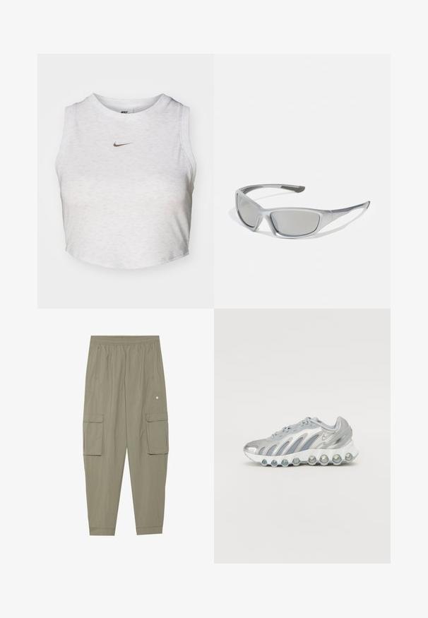 Bijela kratka majica od mekog, strukturiranog materijala. Ima okrugli izrez i bezrukavni dizajn s malim zlatnim Nike logotipom sprijeda.; Cargo hlače od maslinaste tkanine s elastičnim pojasom, bočnim džepovima i dva velika prednja cargo džepa. Glatka, lagana tekstura.; Srebrna i siva atletska cipela s mrežastim gornjim dijelom, zakrivljenim dizajnom i jedinstvenim okruglim potplatom koji sadrži prozirne elemente ublažavanja.; Sive naočale s elegantnim, laganim plastičnim okvirom. Imaju tamnosive leće i teksturirane bočne naglaske za dodatno prianjanje.