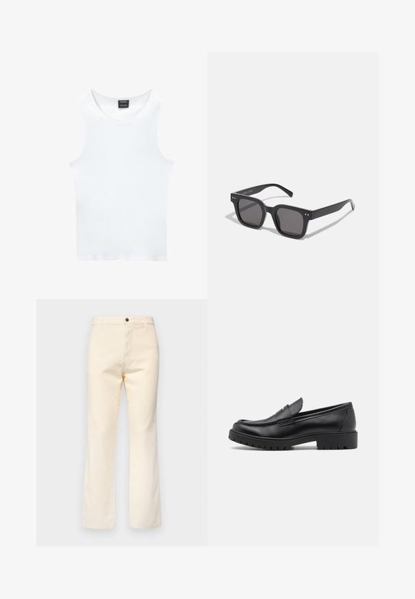 Fehér ujjatlan trikó, bordázott pamutból készült. Jellemzője a kerek nyakkivágás és a sima textúra. A címke szerint "PULL&BEAR."; Krém színű pamut farmernadrág, egyenes lábbal, elöl gombos záródással és klasszikus öt zsebes stílussal.; Fekete bőr loaferek lekerekített orral, slip-on kialakítással és vastag gumitalppal, amely texturált tapadást biztosít. Emelt sarkú és diszkrét varrási részletek.; Fekete téglalap alakú napszemüveg sötét lencsékkel, vastag kerettel, finom díszítésekkel az oldalán, és a márkanevet leszámítva látható logók nélkül.; Fém kvarcórával, fekete számlappal, fehér számokkal és dátumkijelzővel rendelkezik. Rozsdamentes acél szíjjal készült, és 100 m-es vízállósággal bír.; Ezüst többláncos nyaklánc, amely különböző szélességeket és textúrákat mutat be, valamint egy feltűnő kapoccsal rendelkezik. A láncok között találhatóak láncolt, lapos és golyós stílusok.