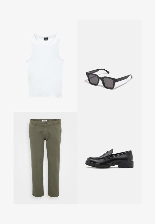Biała bezrękawnikowa koszulka z ribbowanej bawełny. Posiada okrągły dekolt i gładką teksturę. Metka oznacza "PULL&BEAR."; Olive green chinos o prostym kroju, wykonane z lekkiej bawełny o delikatnej fakturze, z zapięciem na guzik i paskami na pasek.; Czarne skórzane mokasyny z okrągłym nosałem, wsuwanym fasonem i grubą gumową podeszwą z teksturowanym uchwytem. Podwyższona pięta i subtelne detale przeszycia.; Czarne prostokątne okulary przeciwsłoneczne z ciemnymi soczewkami, charakteryzujące się grubą oprawką, subtelnymi akcentami po bokach i brakiem widocznych logo poza nazwą marki.; Srebrny zegarek ze stali nierdzewnej z niebiesko-czerwonym pierścieniem, granatową tarczą, białymi znacznikami godzin, kwarcowym mechanizmem, wodoszczelny do 200m oraz z wyświetlaczem daty.