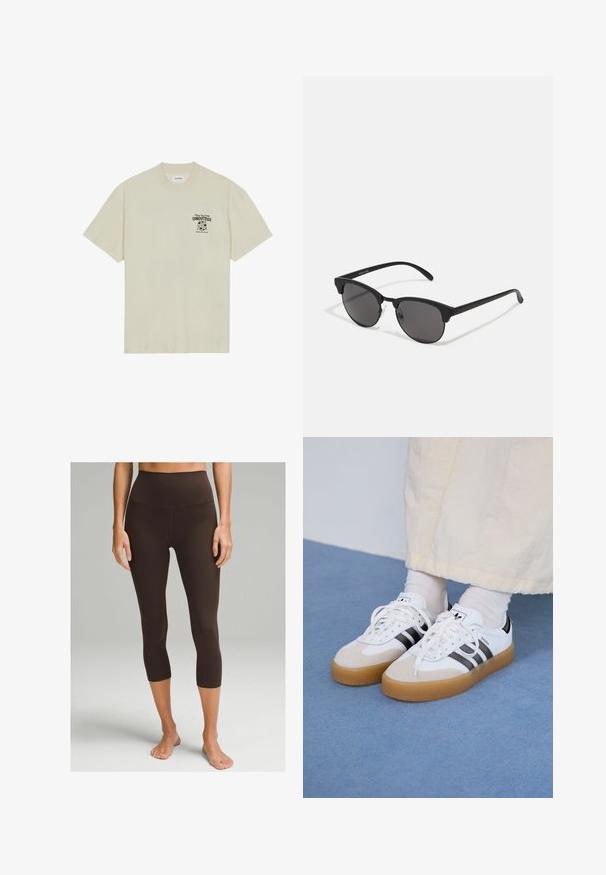 Beige T-Shirt mit kurzen Ärmeln aus Baumwolle, mit einem schwarzen Grafikdruck im linken Brustbereich, der Text und ein Globusdesign zeigt.; lululemon ALIGN™ HIGH-RISE 53 CM - Tights - espresso; Weiße Sneaker mit schwarzen Streifen und beigen Wildlederakzenten. Besitzen eine strukturierte Gummisohle und flache weiße Schnürsenkel, getragen mit hellen Socken.; Schwarze Sonnenbrille mit runden Gläsern, matter Oberfläche und markanter Cat-Eye-Form. Schlanke Bügel mit dezenter Markenkennzeichnung am linken Schläfenstück.