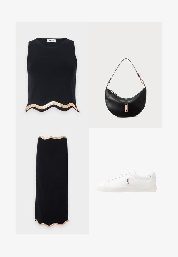 Top sans manches noir avec une finition texturée, présentant un ourlet festonné orné de sequins dorés et d'une discrète fermeture éclair sur le côté.; Jupe crayon noire avec un ourlet en forme de vagues orné d'un fil métallique doré. Texture lisse, design ajusté, longueur au genou.; Baskets en cuir blanc, design bas, avec une texture lisse, bout rond, lacets à l'avant et un petit logo brodé sur le côté.; Sac à main en cuir noir en forme de demi-lune. Doté d'un accent en métal doré et d'une sangle étroite. Texture lisse, fermeture éclair sur le dessus.