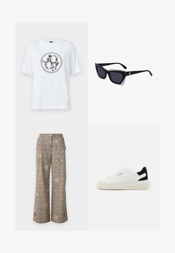T-shirt blanc en coton avec un logo graphique rond à motif animal en noir et gris. Manches courtes et coupe décontractée.; Pantalons large en imprimé léopard dans des tons beige et marron, en tissu doux, avec des poches latérales et une fermeture à bouton à la taille.; Baskets en cuir blanc avec une épaisse semelle blanche, un accent en daim noir au niveau du talon et un logo embossé sur le côté. Design à lacets avec six œillets.; Lunettes de soleil noires surdimensionnées avec une forme géométrique, dotées de verres foncés et d'un détail gris contrastant sur la monture. Logo sur la branche.