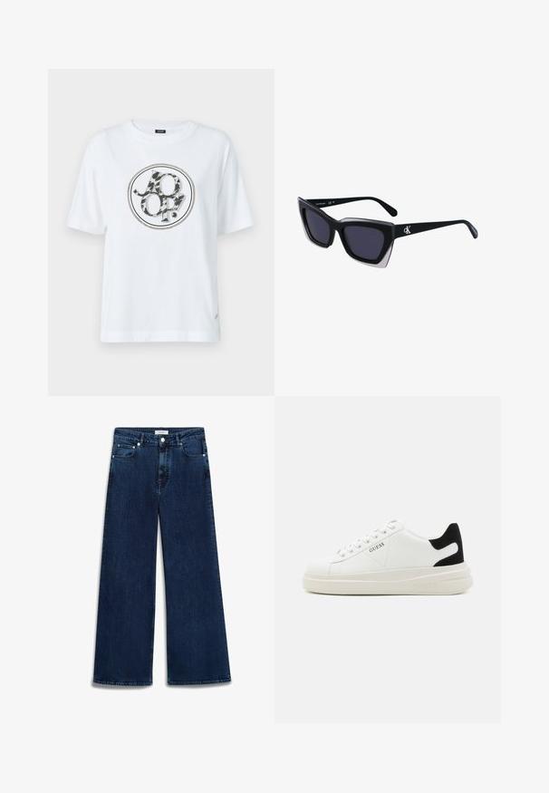 Weißes Baumwoll-T-Shirt mit einem runden grafischen Logo, das ein Schwarz-Grau Tiermuster-Design zeigt. Kurze Ärmel und eine lockere Passform.; Weite Jeans in Dunkelblau mit leichtem Used-Look, fünf Taschen, Knopfverschluss und Gürtelschlaufen.; Weiße Leder-Sneaker mit einer dicken weißen Sohle, schwarzem Wildlederakzent an der Ferse und geprägtem Logo an der Seite. Schnürdesign mit sechs Ösen.; Schwarze übergroße Sonnenbrille mit geometrischer Form, ausgestattet mit dunklen Gläsern und einem kontrastierenden grauen Detail im Rahmen. Logo am Bügel.