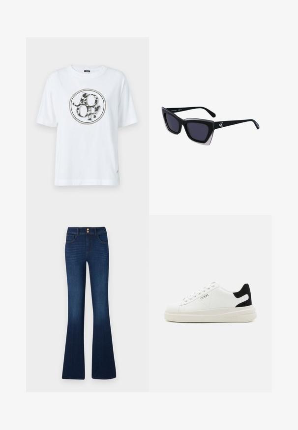 Weißes Baumwoll-T-Shirt mit einem runden grafischen Logo, das ein Schwarz-Grau Tiermuster-Design zeigt. Kurze Ärmel und eine lockere Passform.; Dunkelblaue, ausgestellte Jeans aus Denim mit hoher Taille, zwei vorderen Taschen und zwei hinteren Taschen, mit glatter Textur und dezenten Steppnähten.; Weiße Leder-Sneaker mit einer dicken weißen Sohle, schwarzem Wildlederakzent an der Ferse und geprägtem Logo an der Seite. Schnürdesign mit sechs Ösen.; Schwarze übergroße Sonnenbrille mit geometrischer Form, ausgestattet mit dunklen Gläsern und einem kontrastierenden grauen Detail im Rahmen. Logo am Bügel.