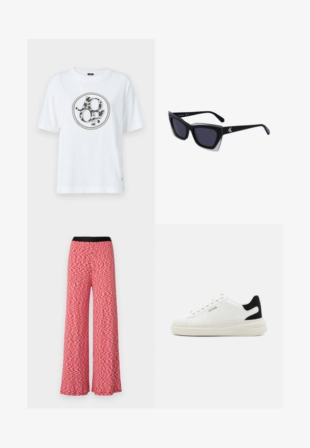 T-shirt blanc en coton avec un logo graphique rond à motif animal en noir et gris. Manches courtes et coupe décontractée.; Pantalons larges en tissu texturé rouge et blanc. Dotés d'une taille noire et d'un design fluide, adaptés pour un usage décontracté.; Baskets en cuir blanc avec une épaisse semelle blanche, un accent en daim noir au niveau du talon et un logo embossé sur le côté. Design à lacets avec six œillets.; Lunettes de soleil noires surdimensionnées avec une forme géométrique, dotées de verres foncés et d'un détail gris contrastant sur la monture. Logo sur la branche.