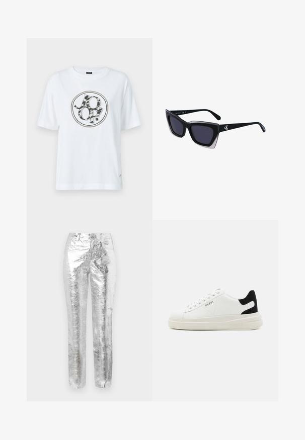 White cotton t-shirt featuring a round graphic logo with a black and gray animal print design. Short sleeves and a relaxed fit.; Silver, metallic trousers with a crinkled texture. Straight-leg design, front pockets, and a zip fly closure. Smooth and reflective surface.; White leather sneakers with a thick white sole, black suede heel accent, and embossed logo on the side. Laced design with six eyelets.; Black oversized sunglasses with a geometric shape, featuring dark lenses and a contrasting grey detail on the frame. Logo on the arm.