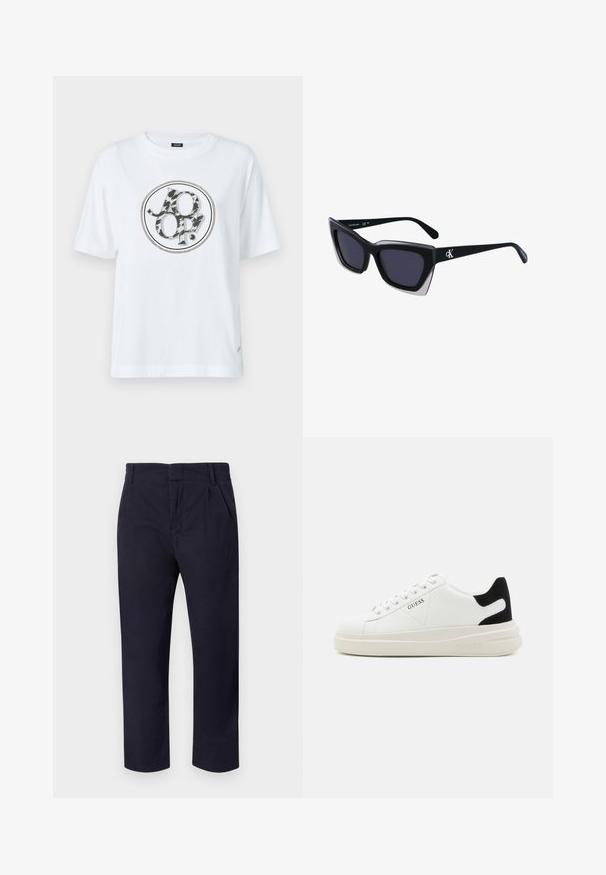 T-shirt blanc en coton avec un logo graphique rond à motif animal en noir et gris. Manches courtes et coupe décontractée.; Pantalons bleu marine en coton, avec une coupe droite, un devant plissé et des passants de ceinture à la taille.; Baskets en cuir blanc avec une épaisse semelle blanche, un accent en daim noir au niveau du talon et un logo embossé sur le côté. Design à lacets avec six œillets.; Lunettes de soleil noires surdimensionnées avec une forme géométrique, dotées de verres foncés et d'un détail gris contrastant sur la monture. Logo sur la branche.