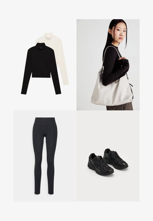 Dwie dopasowane, długie golfy, jeden czarny, a drugi biały, wykonane z gładkiego, elastycznego materiału.; Czarne legginsy z wysokim stanem, charakteryzujące się gładką fakturą i dopasowanym krojem. Brak widocznych wzorów lub detali w postaci okucia.; Czarne buty sportowe wykonane z siateczki i materiałów syntetycznych. Posiadają amortyzowaną podeszwę, teksturowane wzory oraz wytłoczone logo po boku.; Beżowa torebka wykonana z miękkiego materiału, charakteryzująca się luźnym fasonem, wyszywanymi detalami i dwoma uchwytami na ramię. Idealna na co dzień.