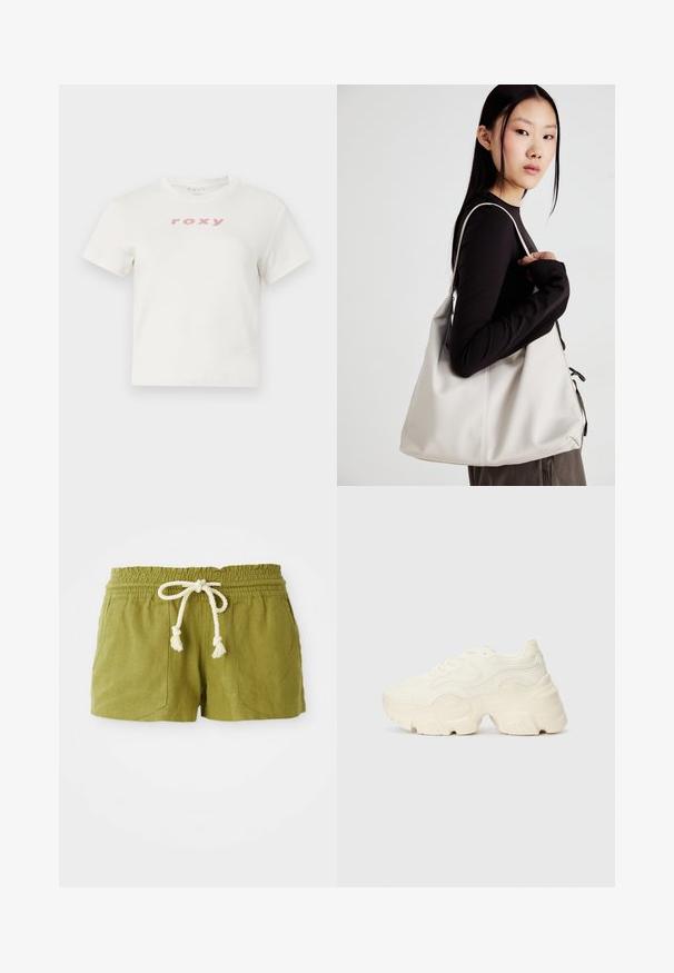 Bílý bavlněný tričko s krátkým rukávem a kulatým výstřihem, s růžovým logem "roxy" tištěným na přední straně. Standardní střih.; Zelené šortky z lněné směsi s elastickým pasem, tkaničkou a dvěma předními kapsami. Krátký, ležérní střih s texturovanou tkaninou.; Chunky bílé tenisky vyrobené z texturované síťoviny a syntetických materiálů, s tlustou podrážkou a složitými vzorovými detaily podél stran.; Beige kabelka vyrobená z měkkého materiálu, s volným designem, prošívanými detaily a dvěma ramenními popruhy. Vhodná pro každodenní použití.
