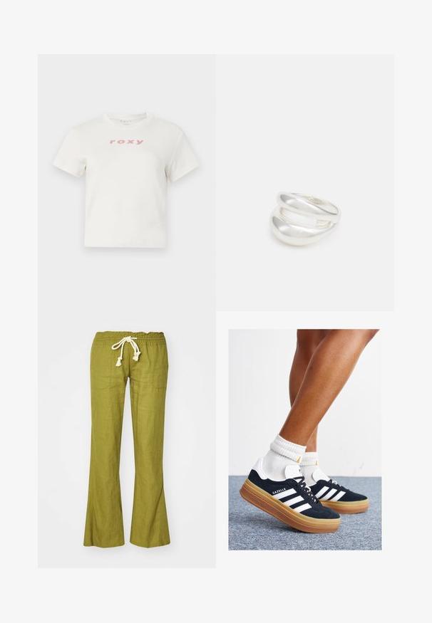 Valge puuvillane t-särk lühikeste varrukatega ja ümmarguse kaelusega, millel on ees prinditud roosa logo "roxy". Tavalise lõikega disain.; Roheline linane flared püksid elastse vöökoha ja reguleeritava paelaga. Omab kahte külgtaskut ja siledat tekstuuri.; Mustad seemisnahast tossud valgete triipude ja detailidega, ümarate varbassosadega, kummist välistallaga, paaritatud valgete soonikuliste meessokkidega.; Hõbedane kahekordne rõngas sujuva, poleeritud pinnaga. Omab voolavat, kõverat disaini, millel on kattuvad sektsioonid, et saavutada kaasaegne ilme.