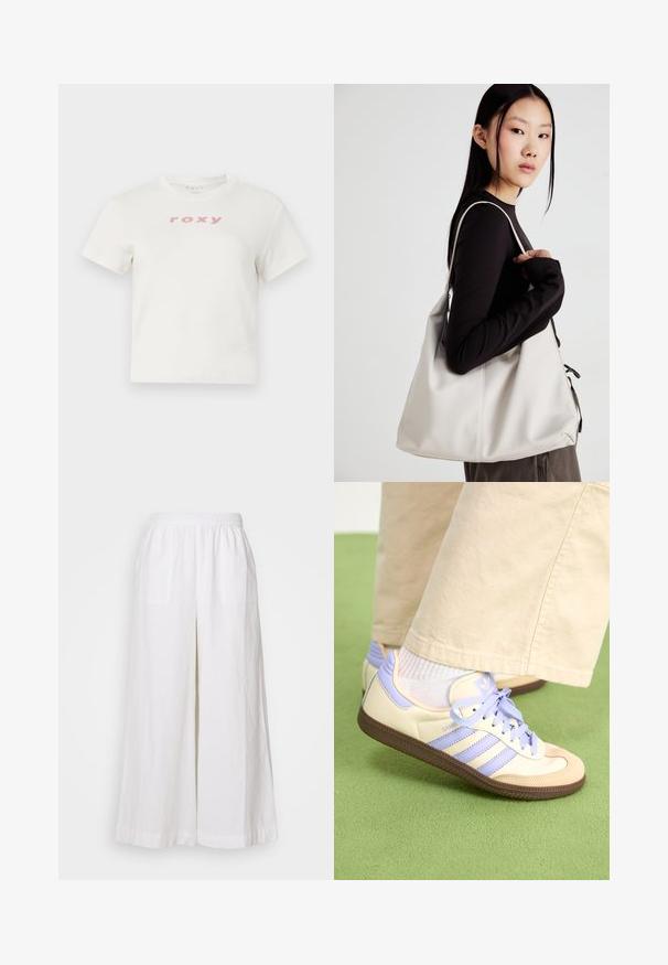 Bijela pamučna majica kratkih rukava s okruglim izrezom, na prednjoj strani ima ružičasti logo "roxy". Redovni kroj.; Bijele lanene hlače širokih nogavica s elastičnom gumom u struku, s dvije prednje džepa i laganom, teksturiranom tkaninom.; Kremasto-ljubičaste tenisice s tri pruge i strukturiranim smeškim potplatom, s vezicama i podstavljenim petom. Mekana gornja tkanina.; Bežna torba od mekog materijala s opuštenim dizajnom, šivanim detaljima i dva remena za rame. Pogodna za svakodnevnu upotrebu.