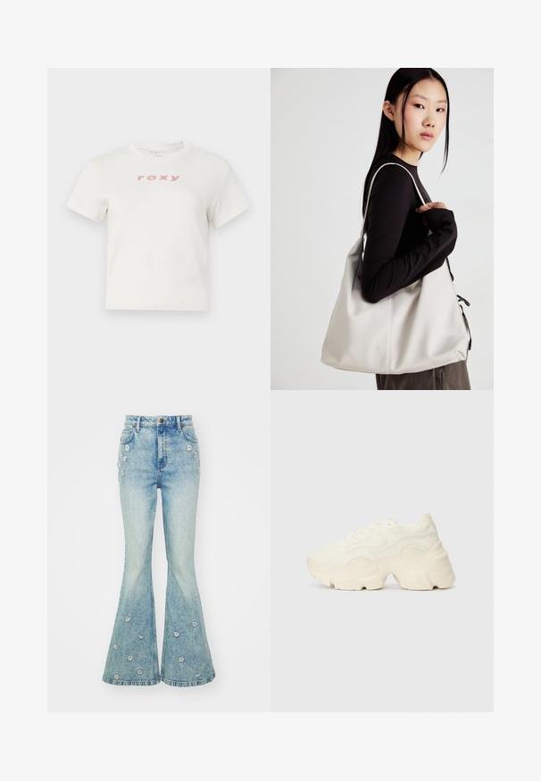 T-shirt branco de algodão com mangas curtas e decote redondo, apresentando um logo rosa "roxy" estampado na frente. Design de ajuste regular.; Jeans claros com corte flare e cintura alta, apresentando flores brancas bordadas e um clássico design de cinco bolsos. A textura do denim é visível.; Sapatilhas brancas chunky feitas de malha texturizada e materiais sintéticos, apresentando uma sola espessa e detalhes de padrão intrincados ao longo dos lados.; Uma bolsa bege feita de material macio, com um design descontraído, detalhes de costura e duas alças para o ombro. Adequada para uso diário.