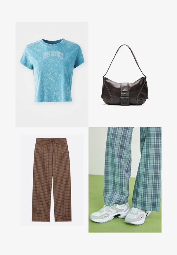 Himmelblaues, kurzärmliges Crop-Top aus Baumwolle mit marmorierter Textur. Verziert mit weißer Stickerei "NIKE SPORTS" auf der Brust.; Braun kariertes Hosen mit elastischem Bund und Kordelzug. Das Muster zeigt blaue und dunkelbraune Quadrate, leichtes Material, weit geschnittenes Design.; Weiße und graue Sneakers mit einem strukturierten Mesh-Obermaterial und dunkler Sohle, kombiniert mit weit geschnittenen Hose im blau-grünen Karomuster.; Braune Lederumhängetasche mit gebogener Form, die mit einem auffälligen Schnallendetail, kontrastierenden Nähten und einem einzigen Schulterriemen ausgestattet ist.