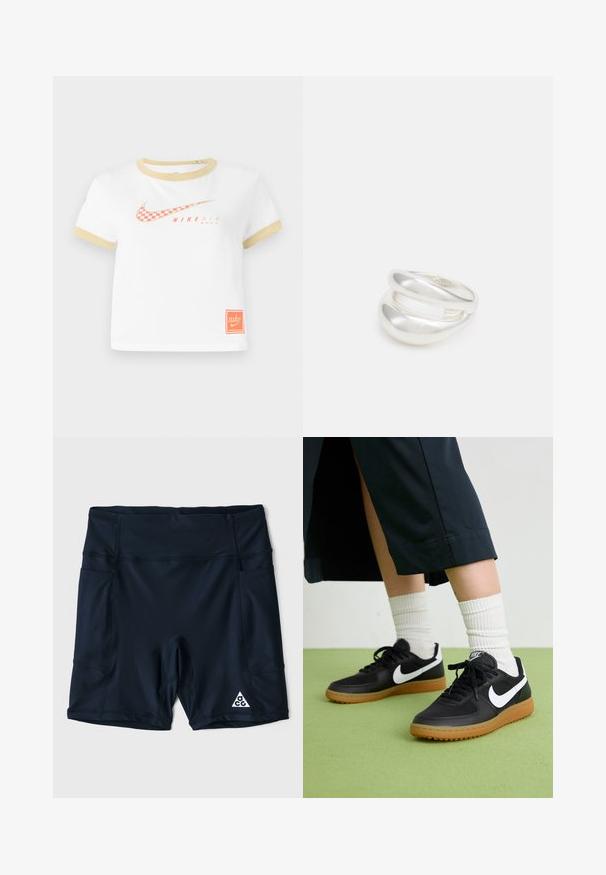 Bela majica s zlatim obrobom, ki vsebuje rdeč šahiran Nike swoosh logo, besedilo "NIKE AIR" in majhno oranžno Nike oznako na robu.; Temno modri atletski šortki iz elastičnega blaga, z visokim pasom, stranskimi žepi in belim logotipom v spodnjem desnem kotu.; Črne usnjene in sintetične superge z belim Nike swooshom, gumo na podplatu, okroglo konico ter črnimi vezalkami. Vidne so rebraste bele nogavice.; Srebrn dvojni prstan z gladko, polirano površino. Ima tekoč, ukrivljen dizajn z prekrivajočimi se sekcijami za sodoben videz.