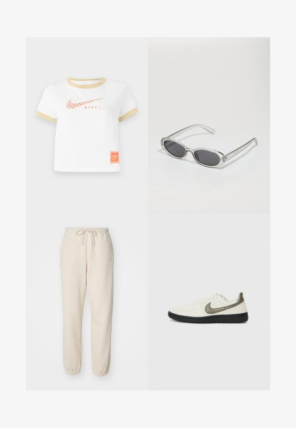 White T-shirt with gold trim, featuring a red checkered Nike swoosh logo, "NIKE AIR" text, and a small orange Nike tag on the hem.; Beige sweatpants made from soft fabric, featuring an elastic waist with a drawstring, tapered ankles, and a small logo accent.; Nike Sportswear FIELD GENERAL - Trainers - off-white/black; Sunglasses with an oval shape, clear plastic frame, dark gray lenses, and thin transparent arms featuring logo accents and minimal detailing.