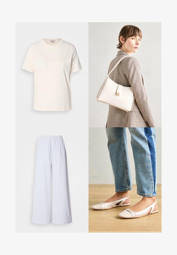 Cream-colored cotton T-shirt with short sleeves, crew neck, and subtle embossed logo detail on the front. Smooth texture, relaxed fit.; White wide-leg pants with light blue stripes, featuring a drawstring elastic waistband and a textured fabric.; Pale pink slingback flats with a pointed toe, made from a smooth leather-like material. Features cut-out details at the sides and a flat heel.; White leather handbag with a structured design, featuring a magnetic clasp and a shoulder strap, showcased against a neutral background.
