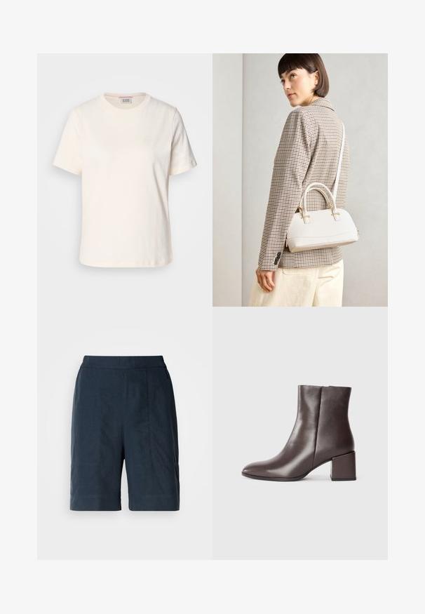 Camiseta de algodón color crema, de manga corta, con cuello redondo y detalle de logo en relieve sutil en el frente. Textura suave, corte relajado.; Bermudas azul marino hechas de un tejido ligero, con un corte recto, dos bolsillos delanteros y detalles de costura sutiles.; Botín de piel marrón con un diseño elegante, puntera afilada y tacón cuadrado. Textura suave y silueta minimalista.; Bolso estructurado blanco con asas cortas y una correa para el hombro, que presenta detalles en dorado y material texturizado, exhibido sobre un fondo gris.