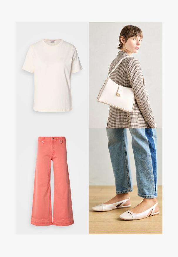 Kremfarget bomull T-skjorte med korte ermer, rund hals og subtilt hevet logo detalj på forsiden. Glatt tekstur, avslappet passform.; Koral brede bukser laget av bomull med fem lommer, metallbeslag og en ren finish på kantene. Har en klassisk knapp og glidelås.; Lys rosa slingback leiligheter med spiss tå, laget av et glatt, læraktig materiale. Har utskjæringer på sidene og lav hæl.; Hvit lær veske med en strukturert design, med magnetlås og skulderstropp, vist mot en nøytral bakgrunn.