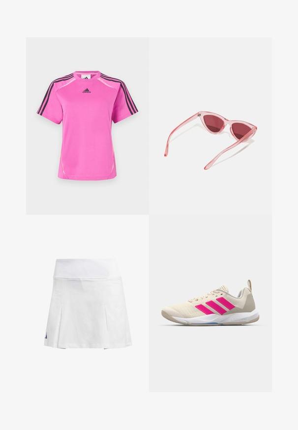 T-shirt desportivo Adidas na cor rosa choque com detalhe em preto nas três riscas nas mangas e logotipo Adidas preto no peito.; Saia atlética branca com uma cintura larga, design pregueado e um logótipo roxo no lado esquerdo. Feita de tecido leve.; Sapata atlética bege com logotipo de três riscas cor-de-rosa, parte superior em malha texturizada, colarinho acolchoado e sola de borracha branca, apresentando a marca "LIGHTSTRIKE".; Óculos de sol translúcidos rosa com uma forma única de olho de gato, com lentes rosa escuras e hastes elegantes e finas.