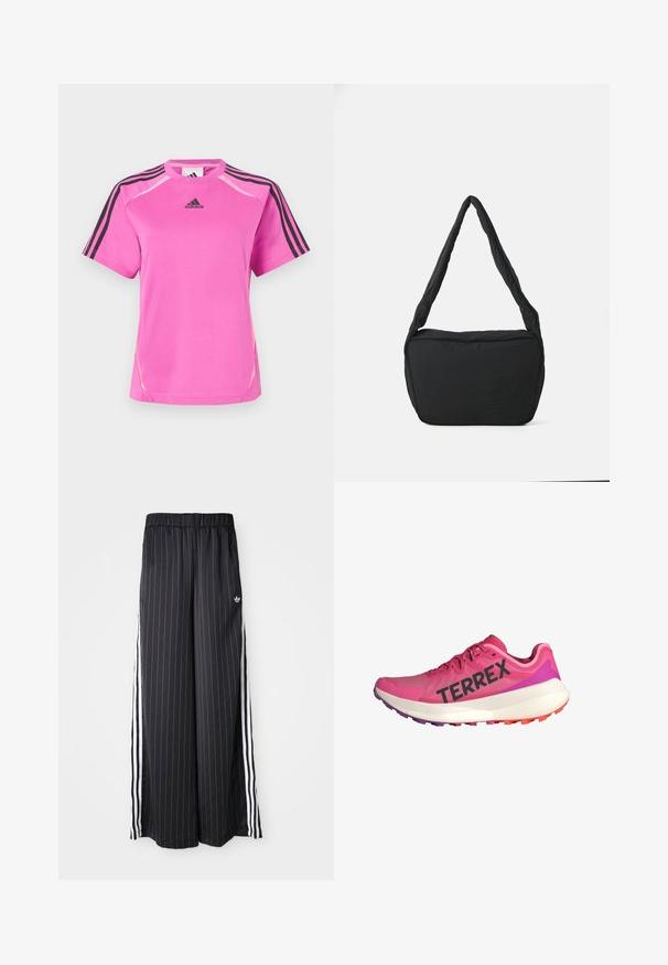 Helderroze Adidas sport t-shirt met zwarte drie-strepen detail op de mouwen en zwart Adidas-logo op de borst.; Zwarte wijde broek met verticale witte strepen, elastische tailleband en drie witte strepen aan de zijkant. Adidas-logo aan de voorkant.; Roze sportieve schoen met "TERREX" merk, lichtgewicht mesh bovenkant, gevoerde witte tussenzool en veelzijdige rubberen buitenzool met grip.; Zwarte schoudertas met een gewatteerde textuur, een ronde vorm en een brede schouderband, met een reliëflogo aan de voorkant.