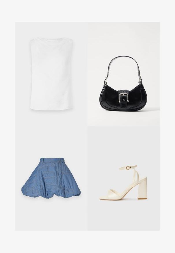 Fehér ujjatlan felső, egyenes szabással, puha tapintással és kerek nyakkivágással. Az alja enyhén ívelt, ami laza illeszkedést biztosít.; Ksenia Schnaider QUILTED MINI SKIRT - Miniszoknya - light blue; Krém színű, nyitott orrú magassarkú szandál vastag blokk sarokkal, vékony boka pánttal és enyhe fényes felülettel. Csat dísz a pánton.; Fekete bőr kézi táska ívelt formával, középen csattal díszítve és rövid, sima fogantyúval. A texturált részletek fokozzák megjelenését.
