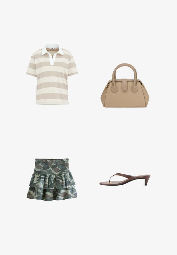 Short-sleeve polo shirt in beige and cream horizontal stripes, featuring a white collar and a v-neck design, made from soft cotton material.; Camouflage print tiered skirt with a smocked waistband, featuring three ruffled layers in muted green and gray tones. Lightweight fabric.; Brown heeled flip-flop sandal with a slender strap and rounded toe post, featuring a small gold accent on the footbed.; Beige leather handbag with rounded top handles, two circular accents, and a structured shape. Features a central tab closure and gold zipper.