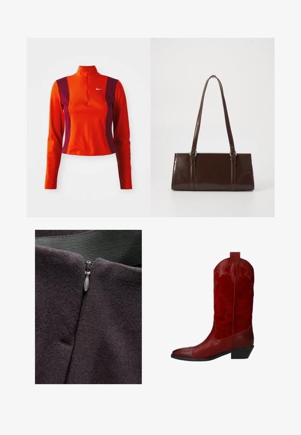 Roter und lila Langarm-Oberteil mit einem Viertelreißverschluss, das ein Nike-Logo auf der Brust trägt und eine figurbetonte Passform mit einer glatten Textur aufweist.; Reißverschlussdetail auf einem dunkelgrauen Stoff, der eine glatte Textur aufweist, mit einem metallischen Reißverschluss-Zipper und einem grünen Webband darüber.; Rote Cowboy-Stiefel aus einer Kombination von glattem Leder und strukturiertem Wildleder, mit dekorativen Nähten und einem niedrigen Absatz.; Braune Lackleder-Handtasche in rechteckiger Form, mit zwei langen Griffen und subtilen, geschwungenen Akzenten auf der Vorderseite.